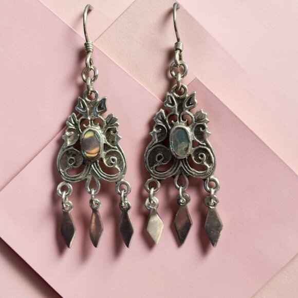 Artisan Jewelry - Abalone Shell Earrings Pot Metal Silver Tone Southwestern VTG Dangle Drop Ornate